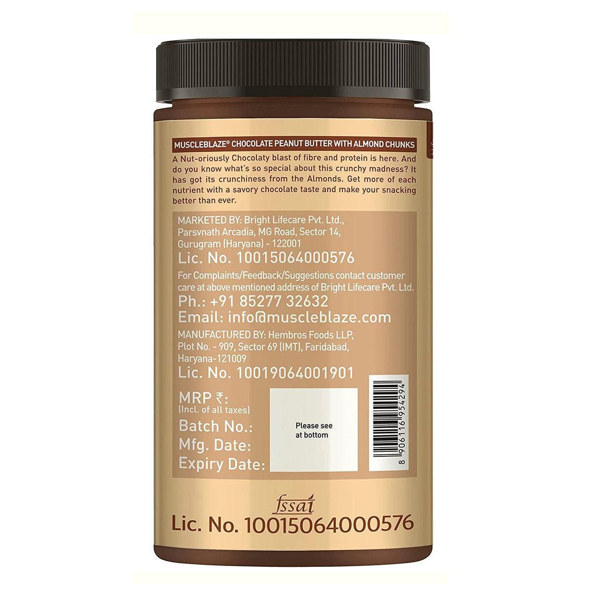 MuscleBlaze Chocolate Peanut Butter with Almond Chunks, 19% Protein, Chocolate Image